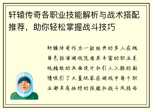 轩辕传奇各职业技能解析与战术搭配推荐，助你轻松掌握战斗技巧